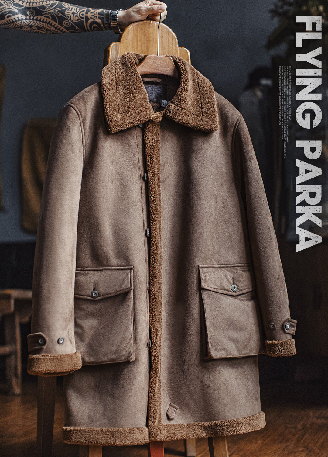 American Retro B7 Suede Parka Mid-Length Faux Lambswool Thickened Men's Coat