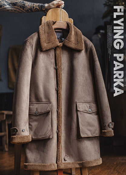 American Retro B7 Suede Parka Mid-Length Faux Lambswool Thickened Men's Coat