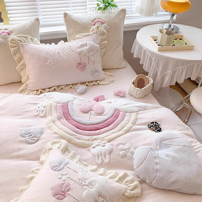 Princess Rainbow Heart Cartoon Cute Coral Velvet Four-Piece Bed Set