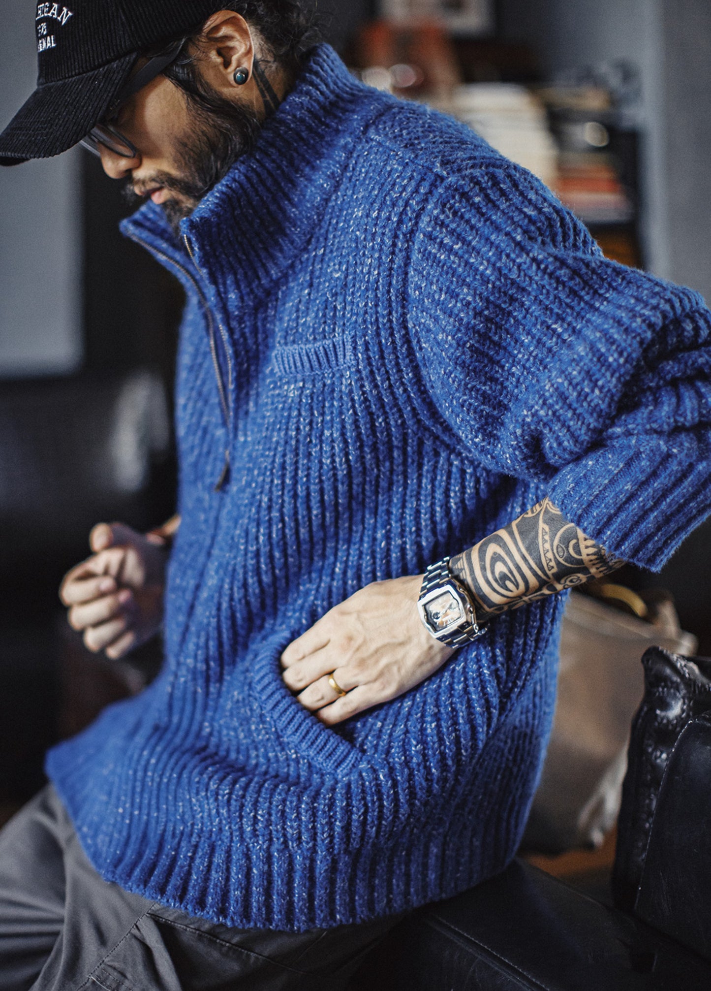 American Ice Blue Cardigan Thick High Neck Warm Knitwear Winter Men's Jacket