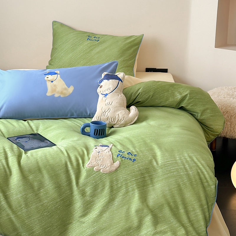 Cartoon Cute Green Puppy Pure Cotton Skin-Friendly Four-Piece Bed Set