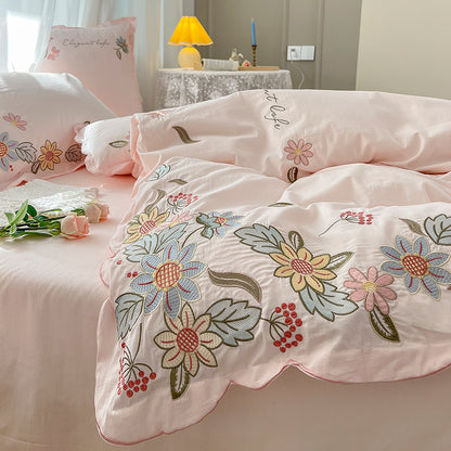 Pure Washed Cotton Floral Embroidery Pastoral Four-Piece Bed Set