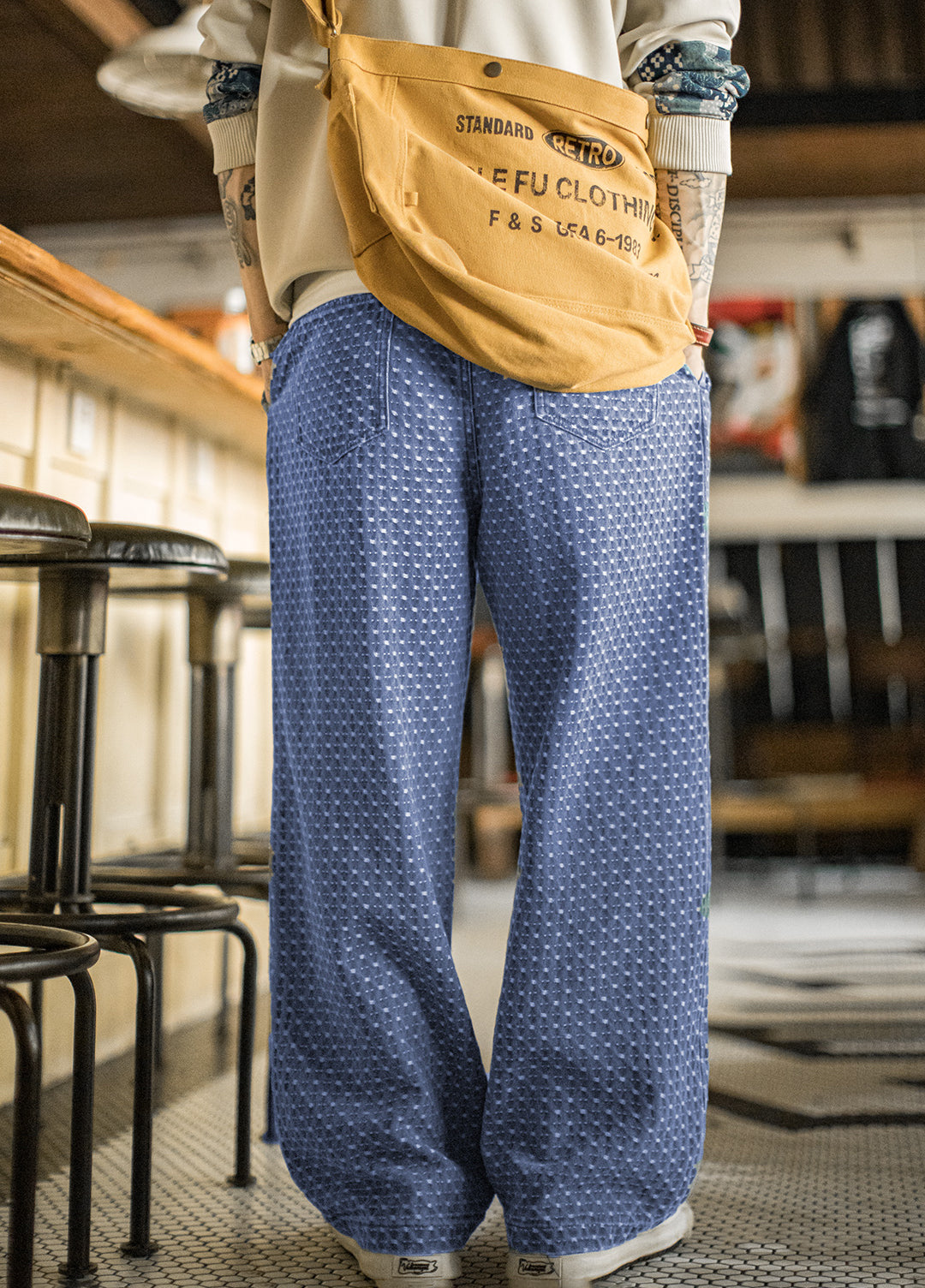 American Retro Full Print Jacquard Washed Denim Straight Drape Men's Jeans - Harmony Gallery