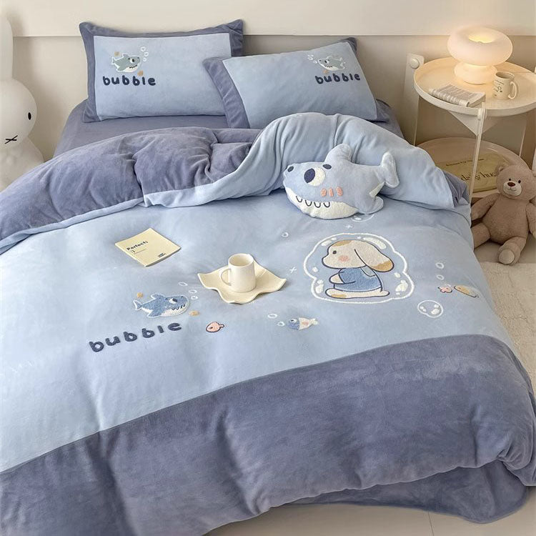 Cute Cartoon Bubble Shark Washed Four-Piece Pure Cotton Bed Set - Harmony Gallery
