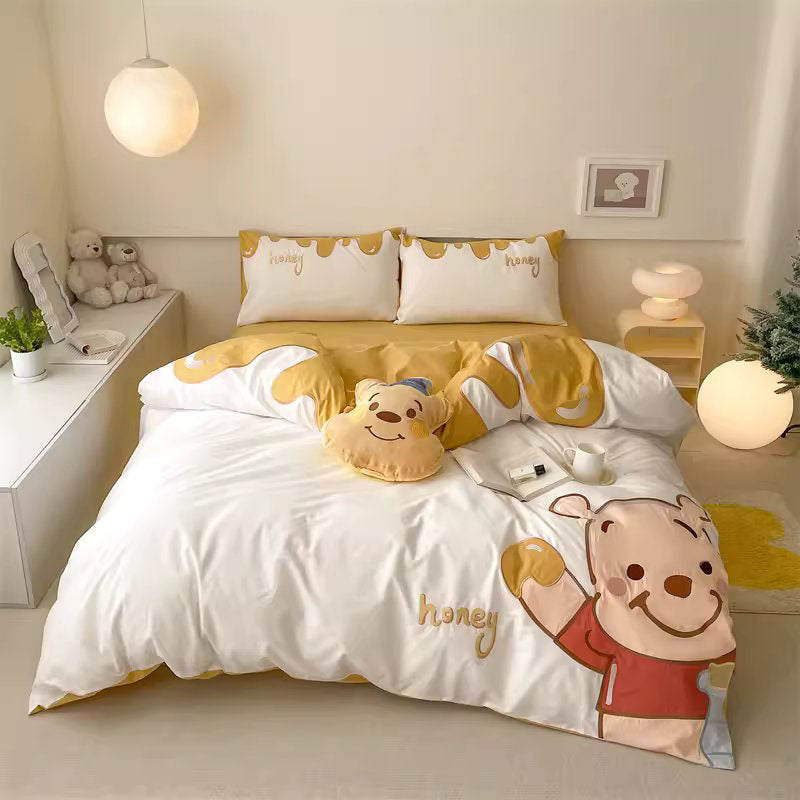 Cartoon Cute Disney Pooh Washed Four-Piece Pure Cotton Bed Set - Harmony Gallery