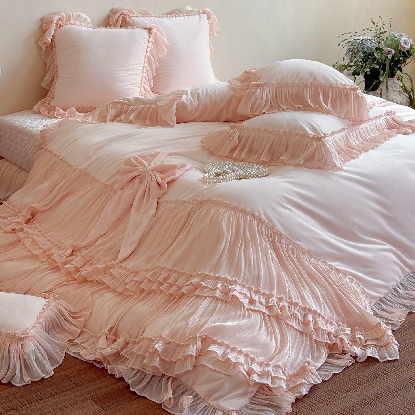 French Princess Thickened Bow Matte Warm Coral Fleece Four-Piece Bed Set