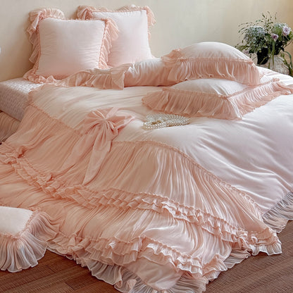 French Princess Thickened Bow Matte Warm Coral Fleece Four-Piece Bed Set