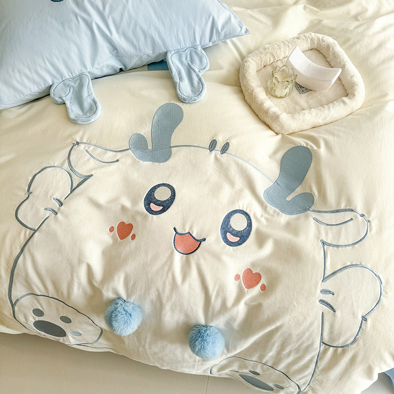 Cartoon Cute Little Fat Dragon Pure Cotton Washed Four-Piece Bed Set