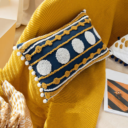 Nautical Charm Gold Accent Textured Throw Pillows with Pom-Pom Details