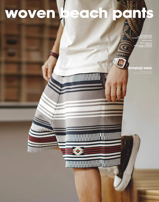 American Retro Knitted Heavy Contrast Color Straight Beach Men's Shorts - Harmony Gallery
