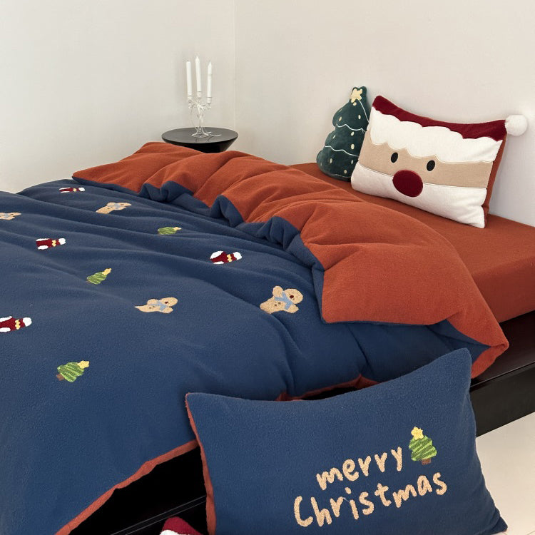 Christmas Winter Thickened Faux Cashmere Four-Piece Warm Fleece Bed Set