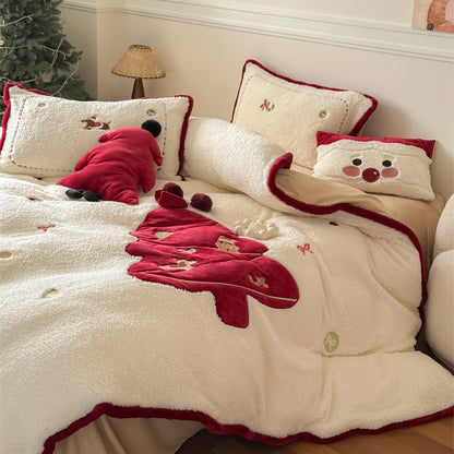 Christmas Cartoon Red Tree Thickened Lambskin Four-piece Warm Winter Bed Set - Harmony Gallery
