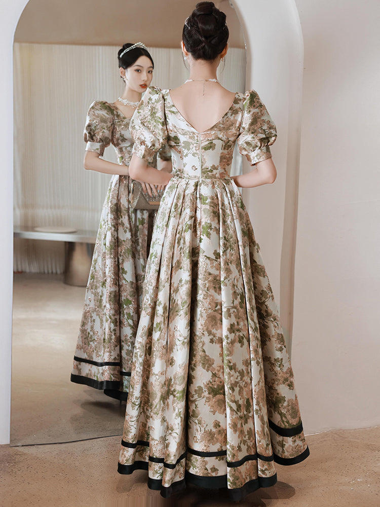 Elegant Floral Print Puff Sleeve Ball Gown with Sweetheart Neckline - Harmony Gallery
