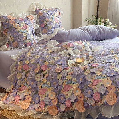 French Ruffled Winter Thickened Coral Fleece Warm Four-Piece  Bed Set