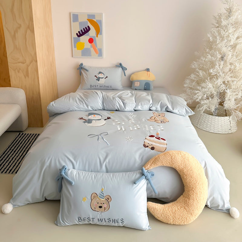 Cartoon Circus Bear Embroidery Pure Cotton Long Staple Four-Piece Bed Set