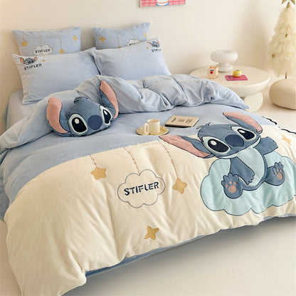 Cartoon Stitch Milk Velvet Winter Heat Storage Four-Piece Bed Set