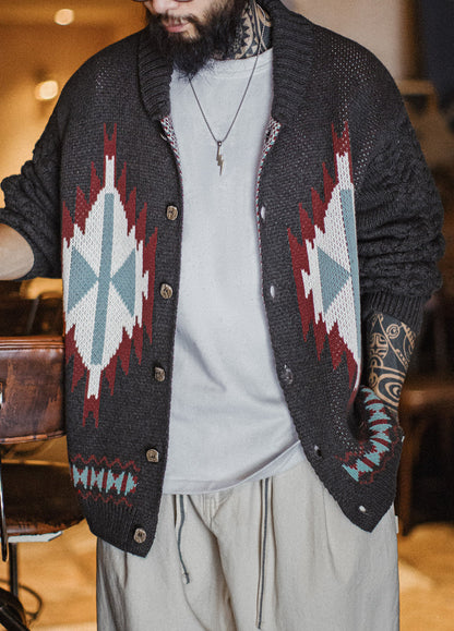 American Charcoal Gray Vintage Fruit Collar Cardigan Knitted Elasticity Men's Jacket - Harmony Gallery