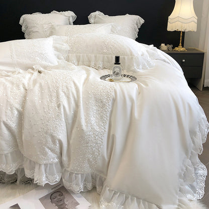 Conjunto de cama de sete peças de algodão bordado com renda princesa francesa