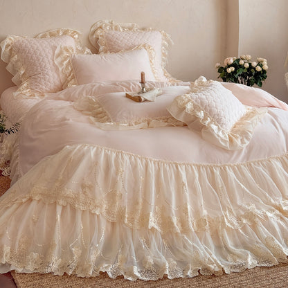 French Romantic Four-Pieces Thickened Warm Double-Sided Baby Lace Trim Bed Set