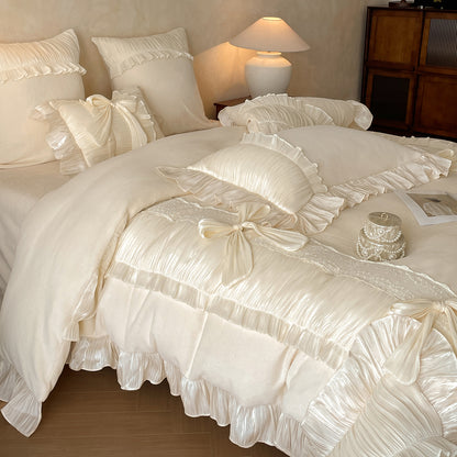 French Bow Knot Thickened And Warm Double-Sided Plush Four-Piece Bed Set