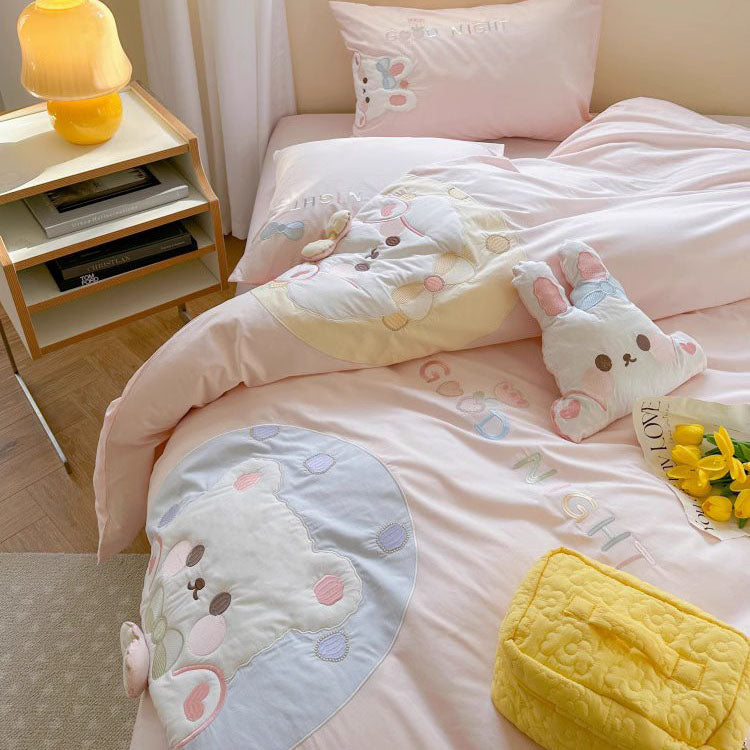 Cute Girly Bear Cub Washed Four-Piece Pure Cotton Bed Set - Harmony Gallery