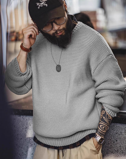 American Retro Heavy Texture Knitted Drop Shoulder Pullover Men's Sweater