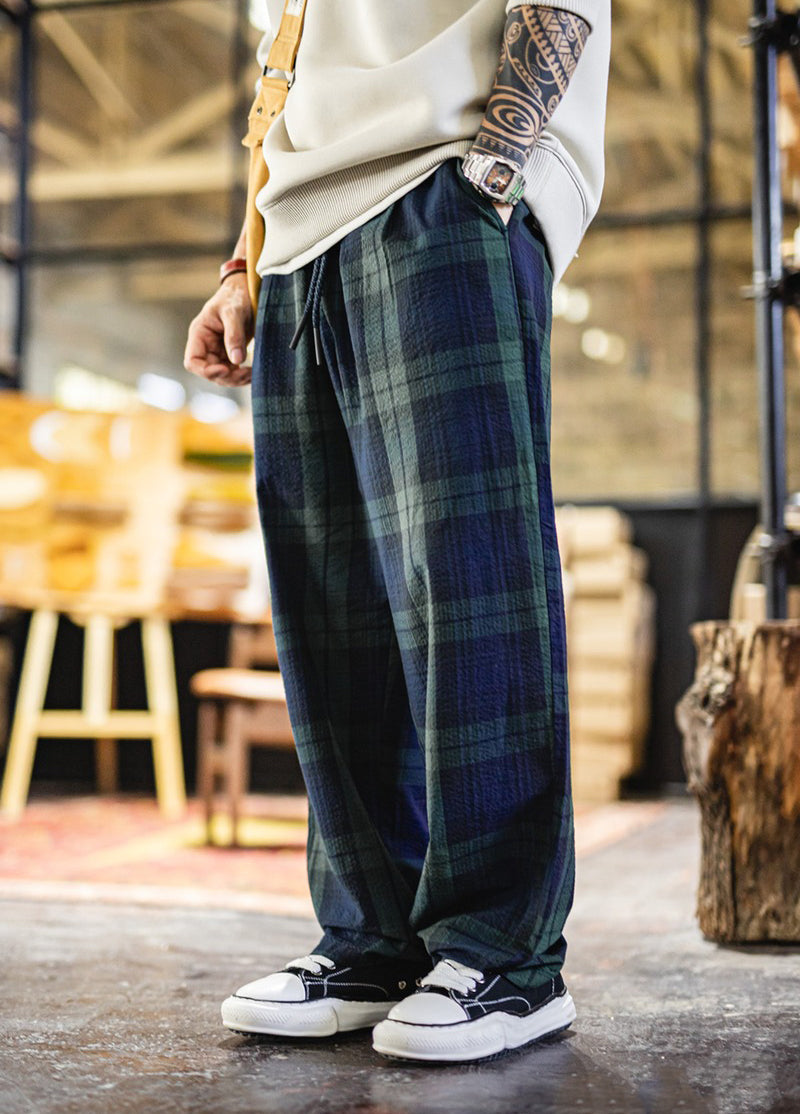 American Retro Casual Scottish Plaid Seersucker Textured Men's Trousers - Harmony Gallery