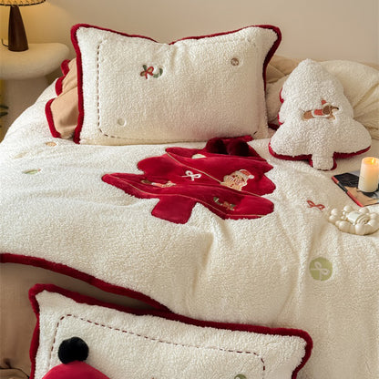 Christmas Cartoon Red Tree Thickened Lambskin Four-piece Warm Winter Bed Set - Harmony Gallery