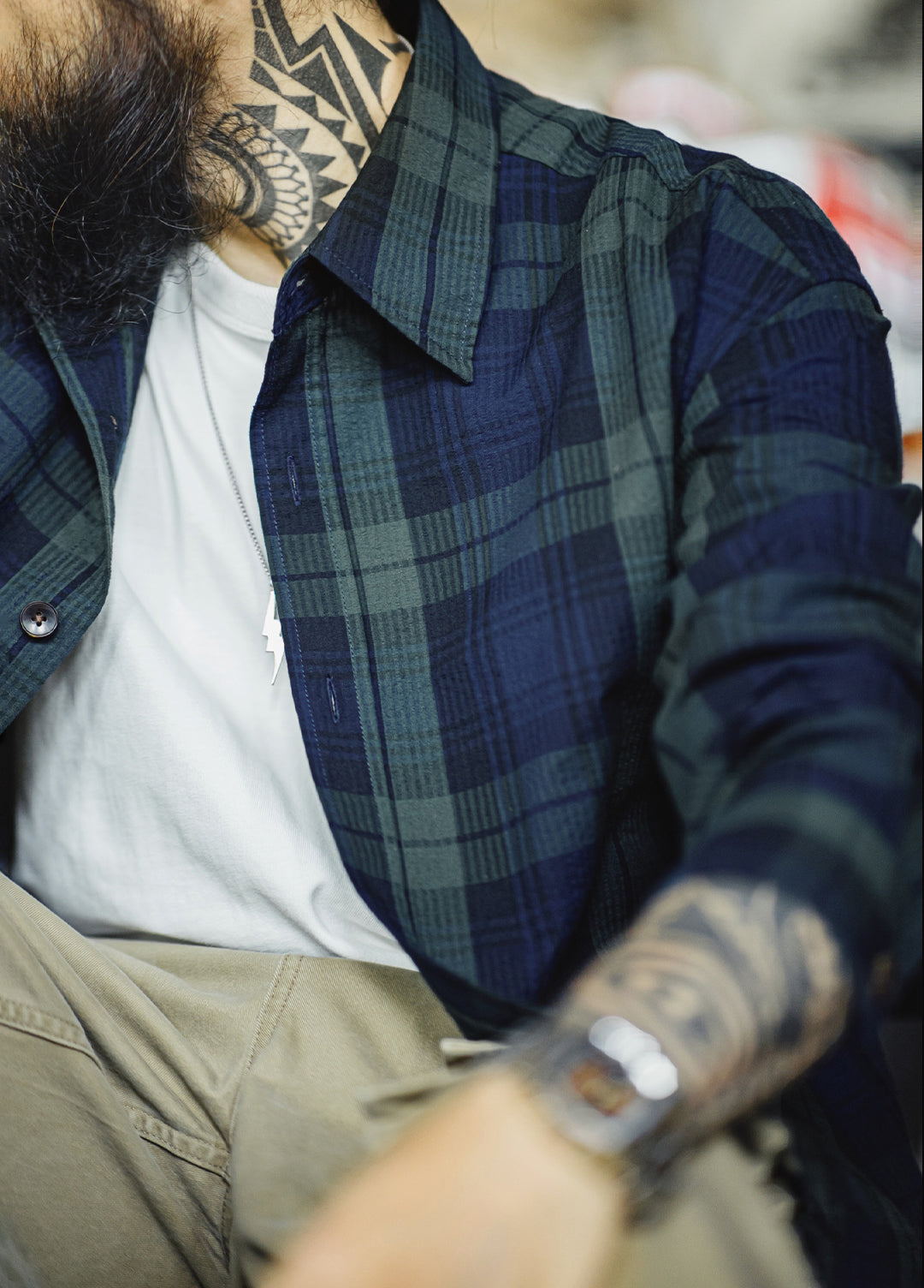 American Retro Blue-Green Plaid Embroidery Texture Thin Men's Shirt - Harmony Gallery