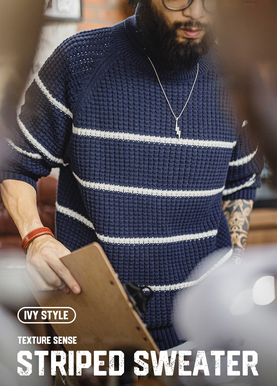 American Striped Raglan Sleeve Turtleneck Knit Thickened And Warm Men's Sweater - Harmony Gallery