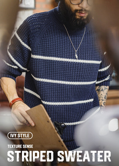 American Striped Raglan Sleeve Turtleneck Knit Thickened And Warm Men's Sweater - Harmony Gallery