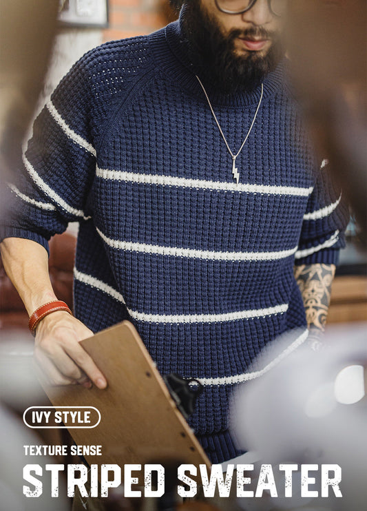 American Striped Raglan Sleeve Turtleneck Knit Thickened And Warm Men's Sweater - Harmony Gallery