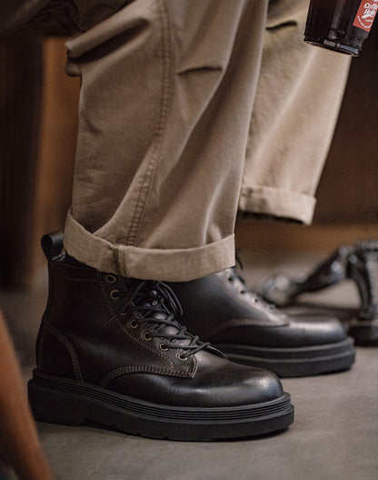 American Retro Work Black Mid-Top Thick-Soled Brogue Men's Boot