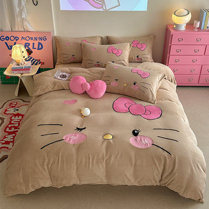 Children's Hello Kitty Little Milk Fleece Cartoon Winter Four-Piece Bed Set