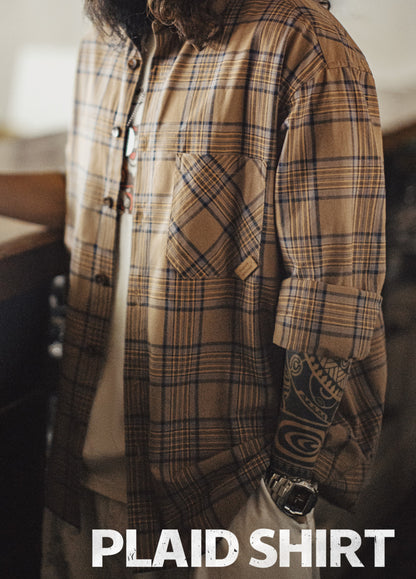 American Retro Plaid Thin Long-Sleeved Pure Cotton Brown Men's Shirt - Harmony Gallery