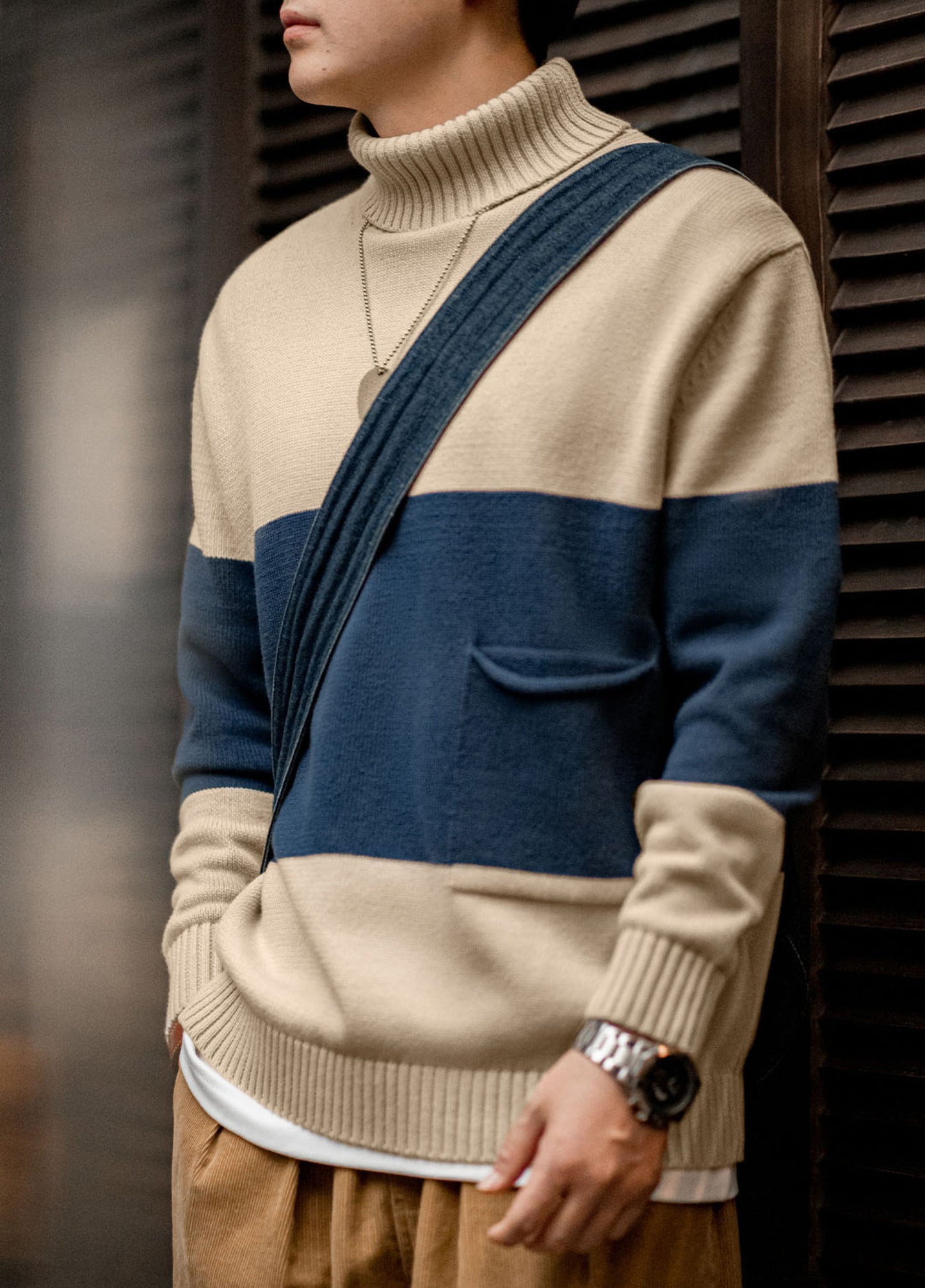 American Retro Knitted Contrast Color Striped Pullover Warm Men's Sweater