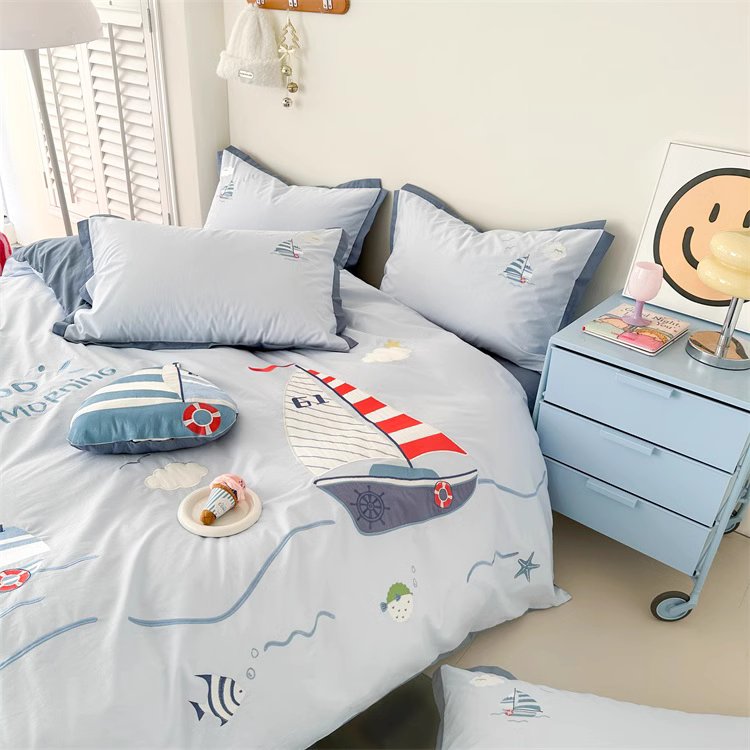 Cartoon Sailing Ship Washed Four-Piece Boys Pure Cotton Bed Set - Harmony Gallery