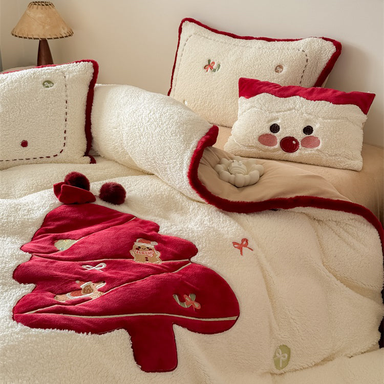 Christmas Cartoon Red Tree Thickened Lambskin Four-piece Warm Winter Bed Set - Harmony Gallery