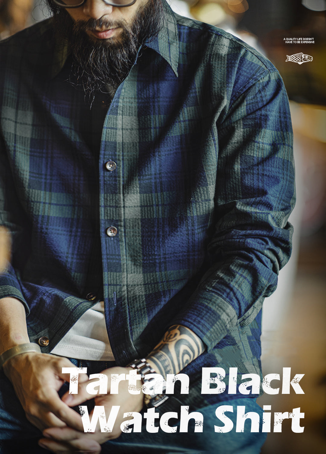 American Retro Blue-Green Plaid Embroidery Texture Thin Men's Shirt - Harmony Gallery