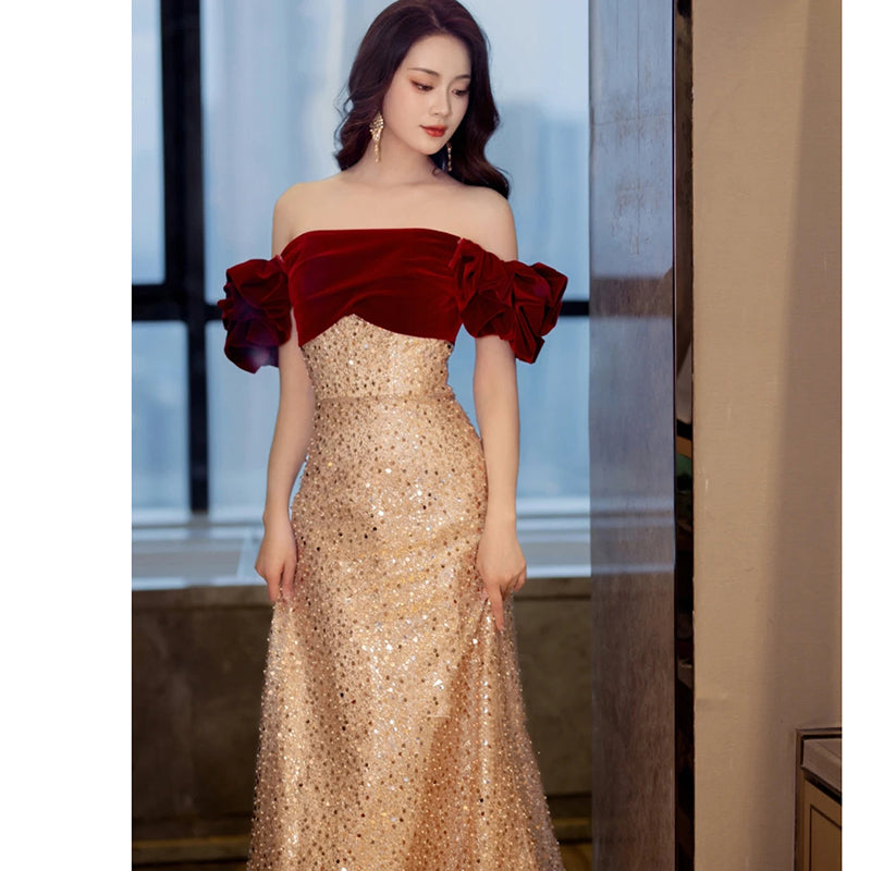 Luxurious Red and Gold Off-Shoulder Sequined Evening Gown - Harmony Gallery