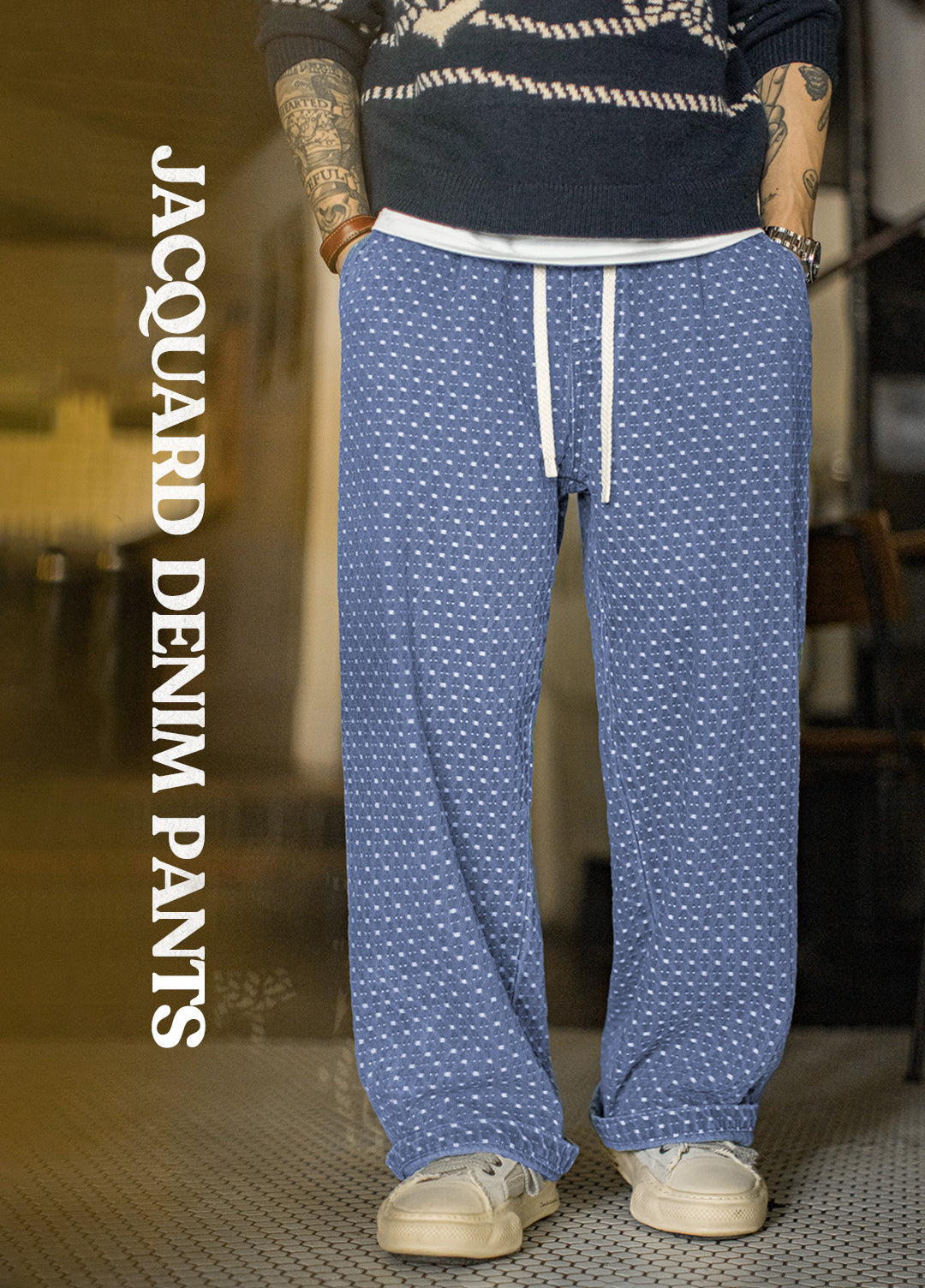 American Retro Full Print Jacquard Washed Denim Straight Drape Men's Jeans - Harmony Gallery