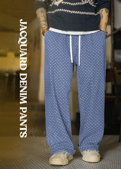 American Retro Full Print Jacquard Washed Denim Straight Drape Men's Jeans - Harmony Gallery