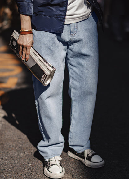 Jeans da uomo in puro cotone denim lavato americano retrò da lavoro