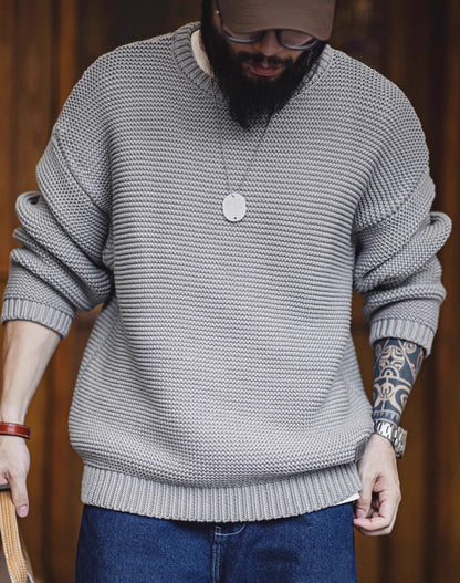 American Retro Heavy Texture Knitted Drop Shoulder Pullover Men's Sweater