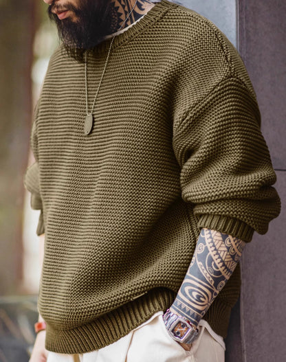 American Retro Heavy Texture Knitted Drop Shoulder Pullover Men's Sweater