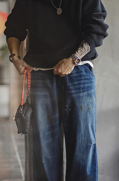 Jeans masculino americano desgastado com bigode de gato branco lavado com respingos de tinta