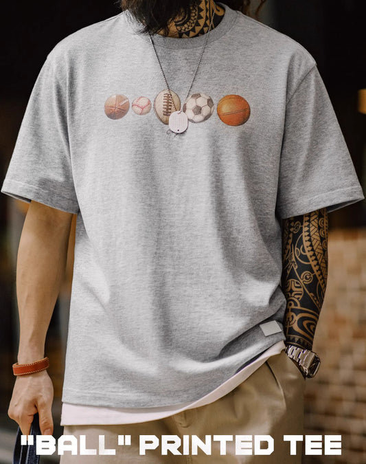 Camiseta masculina de algodão de rua com estampa digital de elementos de bola retrô americana