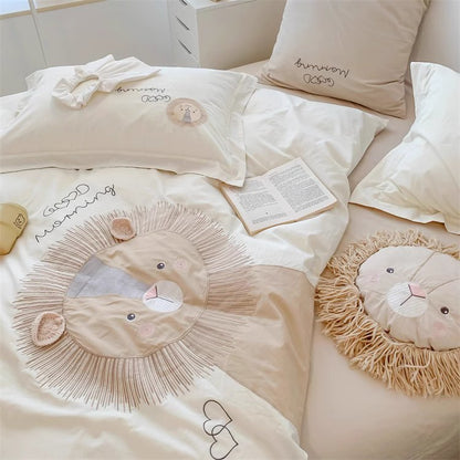 Conjunto de cama de quatro peças lavado de algodão puro Little Lion