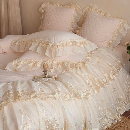 French Romantic Four-Pieces Thickened Warm Double-Sided Baby Lace Trim Bed Set