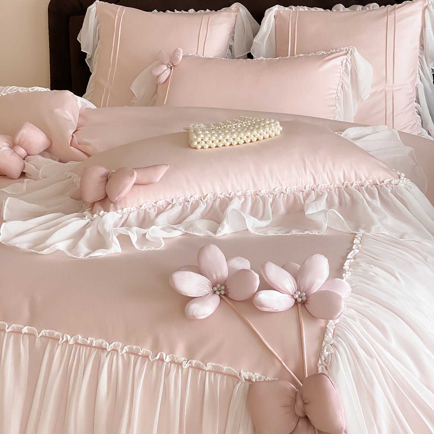 French Girly Lace-Trimmed Bow Princess Four-Piece Cotton Long-Staple Bed Set